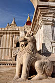Ananda temple Bagan, Myanmar. Double bodied lions, Manukthiha, guard each corner of the temple base. 